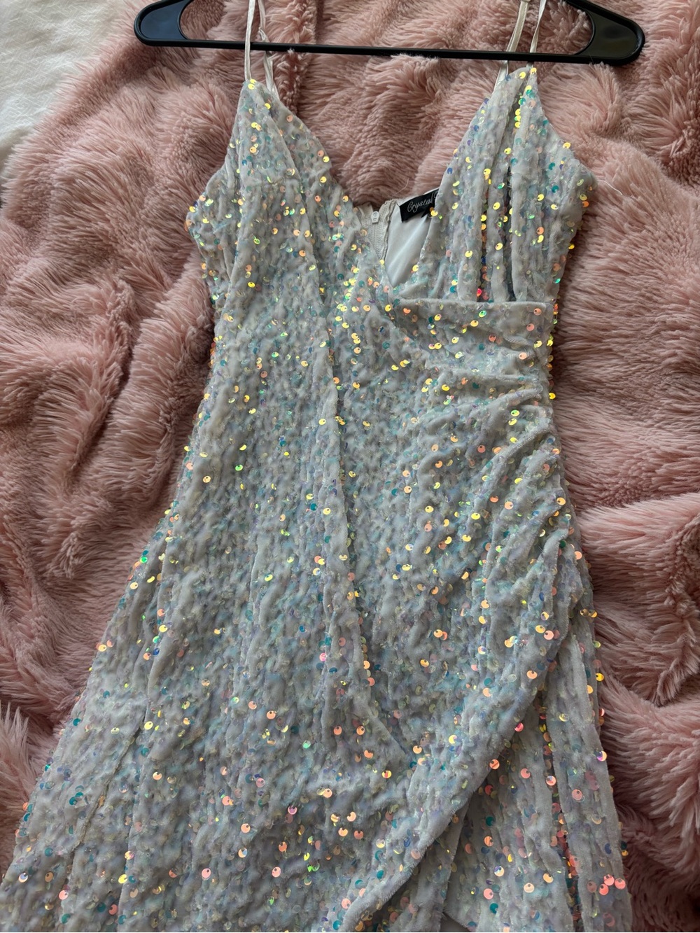 Crystal Doll Iridescent Sequin Spaghetti-Strap Prom Dress in Light Silver